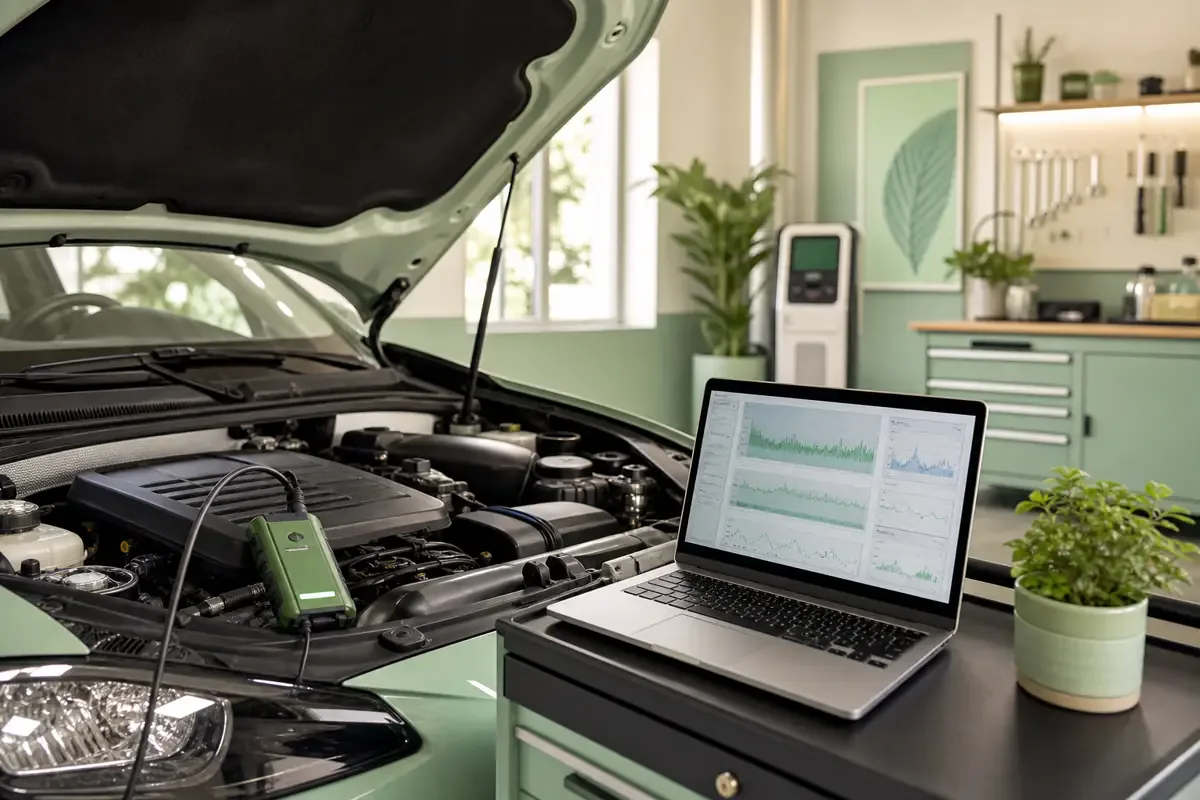 Motordiagnose am Fahrzeug mit OBD-Gerät zur Verbrauchsoptimierung, 1200x800