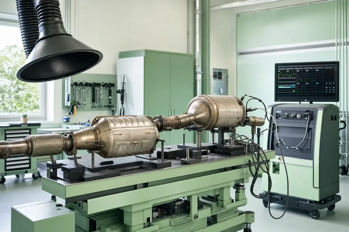 Abgasreinigungssystem mit Katalysator und Partikelfilter in der Werkstattprüfung, 1200x800
