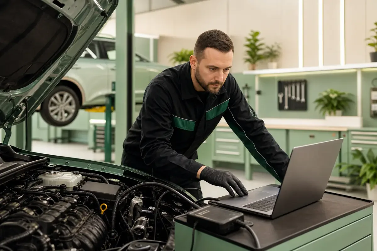 Mechaniker führt präzise Fahrzeugdiagnose in modern ausgestatteter Werkstatt durch, 1200x800
